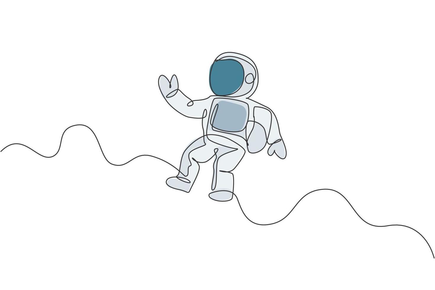 un dibujo de línea continua de un joven científico astronauta que explora el espacio exterior en estilo retro. concepto de descubrimiento del cosmos del astronauta. Ilustración gráfica de vector de diseño de dibujo de línea única dinámica