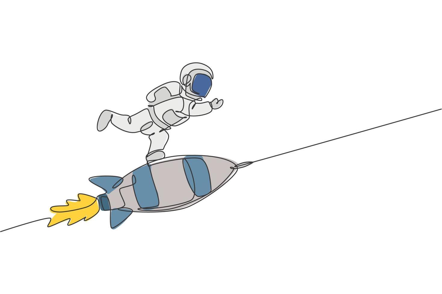 One single line drawing of astronaut in spacesuit floating and discovering deep space while standing at rocket spaceship illustration. Exploring outer space concept. Modern continuous line draw design vector