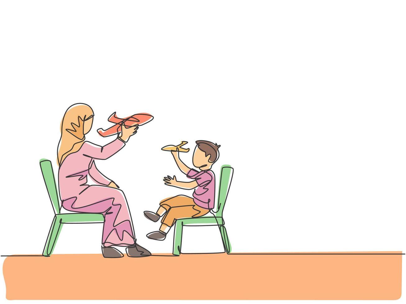 Un dibujo de una sola línea de la joven madre árabe y su hijo jugando avión de juguete juntos en la ilustración de vector de casa. feliz concepto de crianza de los hijos de la familia musulmana islámica. diseño moderno de dibujo de línea continua