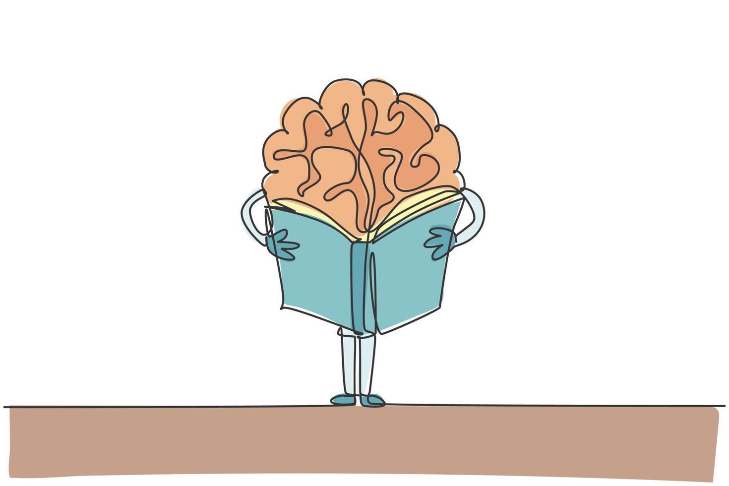 dibujo de línea continua única del cerebro humano de pie y libro de lectura para la etiqueta del logotipo de la biblioteca pública. concepto de icono de logotipo de personaje inteligente. Ilustración de vector de diseño gráfico de dibujo de una línea moderna