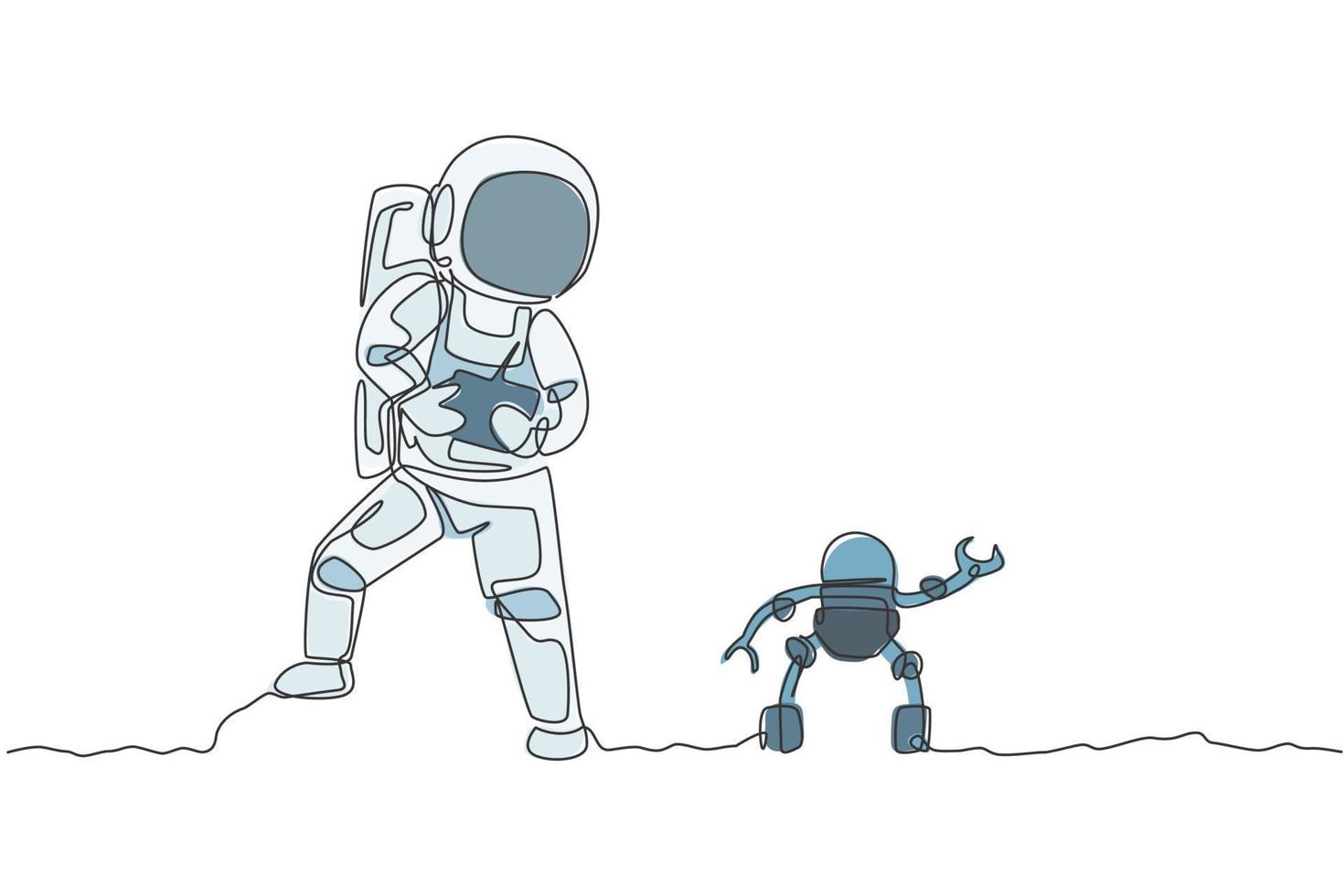 dibujo de una sola línea continua de un astronauta jugando al control de radio del robot en la superficie de la luna. divertirse en el tiempo libre en el concepto de espacio ultraterrestre. Ilustración de vector de diseño gráfico de dibujo de una línea de moda