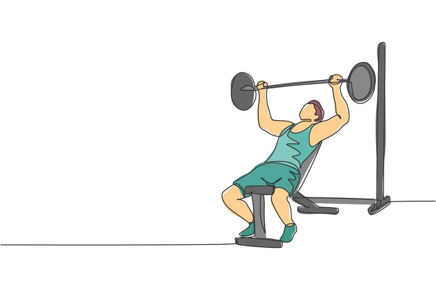 Single continuous line drawing of young sportive man training lifting barbell on bench press in sport gymnasium club center. Fitness stretching concept. Trendy one line draw design vector illustration