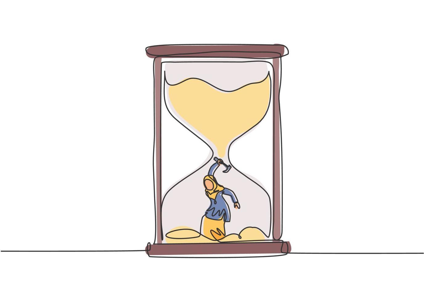 dibujo de línea continua única joven mujer de negocios árabe cavando tesoros dentro del reloj de arena. obteniendo una nueva idea de negocio concepto minimalista. Ilustración de vector de diseño gráfico de dibujo dinámico de una línea.