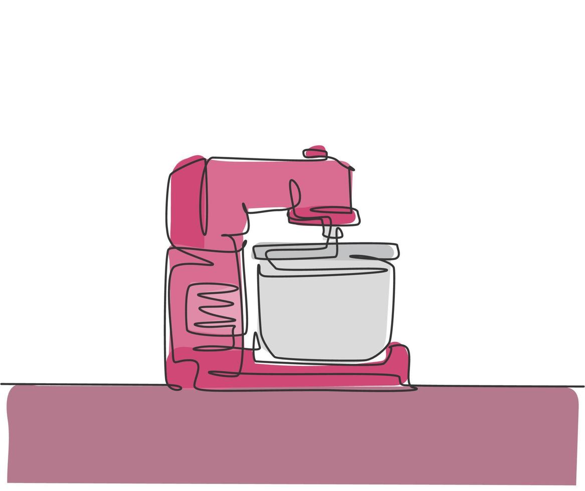 Un dibujo de una sola línea de batidora de mano eléctrica para mezclar electrodomésticos de masa para galletas. concepto de herramientas de utensilios de cocina de electricidad. Ilustración de diseño de dibujo gráfico de línea continua dinámica vector