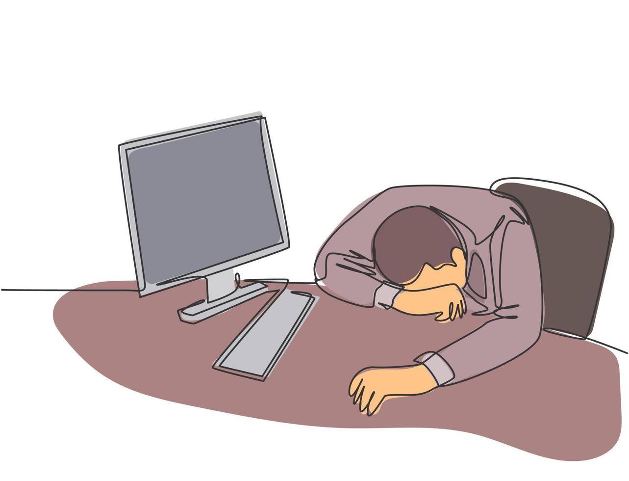 One single line drawing of young tired male employee sleeping on the work desk with computer. Work overload fatigue concept continuous line draw design vector illustration