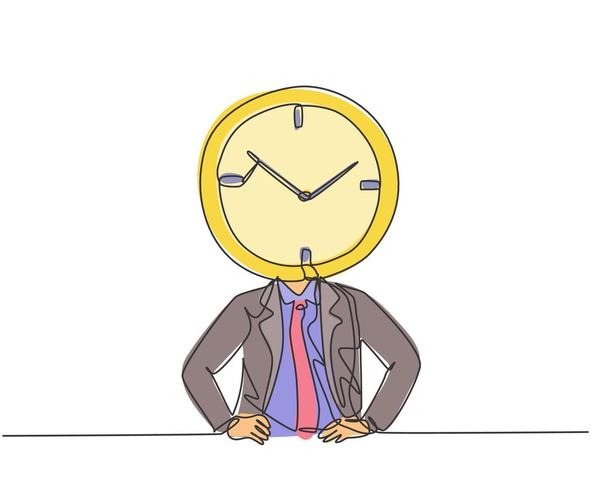 dibujo de una sola línea de hombre de negocios joven con cabeza de reloj analógico en la oficina. concepto de metáfora de disciplina de tiempo de negocios. Ilustración de vector gráfico de diseño de dibujo de línea continua moderna