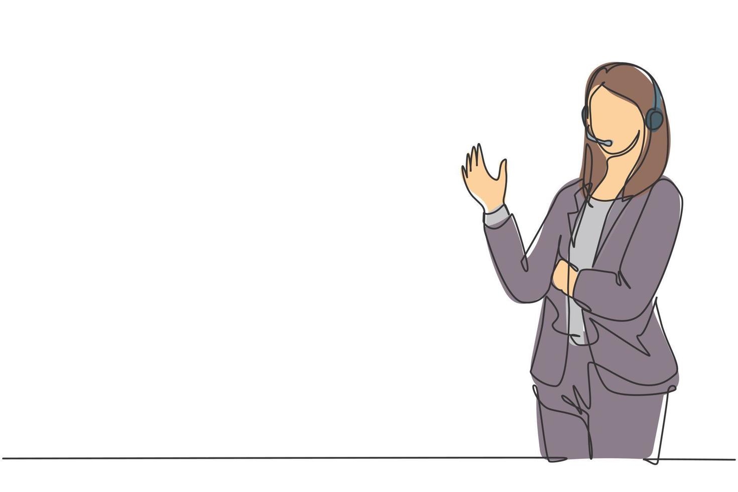 Single continuous line drawing of young happy female motivator poses neatly in front of camera after presentation at the office. Public trainer concept one line draw design vector illustration