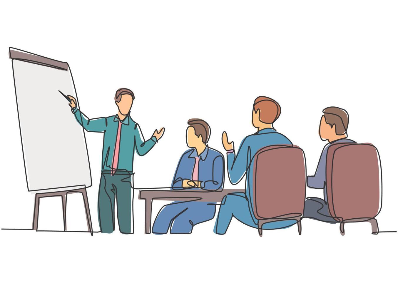 One continuous line drawing of happy trainer teaching lifeskill and interpersonal skill lessons to the young CEOs. Business training and meeting concept single line draw design vector illustration