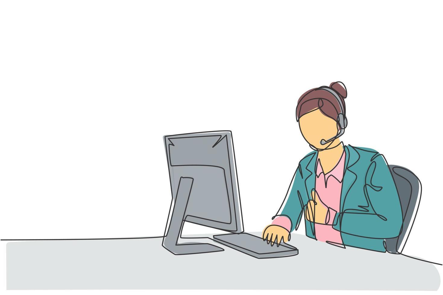 Single continuous line drawing of young happy female call center worker answering complain call from customer kindly. Helpdesk center care concept one line graphic draw design vector illustration