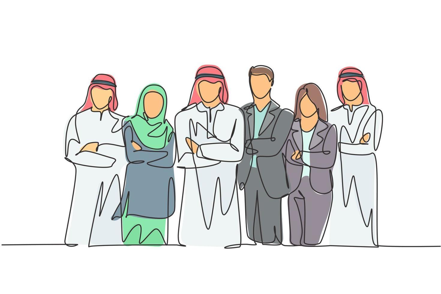 un grupo de dibujo de línea continua de jóvenes empresarios musulmanes y multiétnicos se alinea cuidadosamente. ropa islámica shemag, kandura, bufanda, hijab y traje. Ilustración de vector de diseño de dibujo de una sola línea