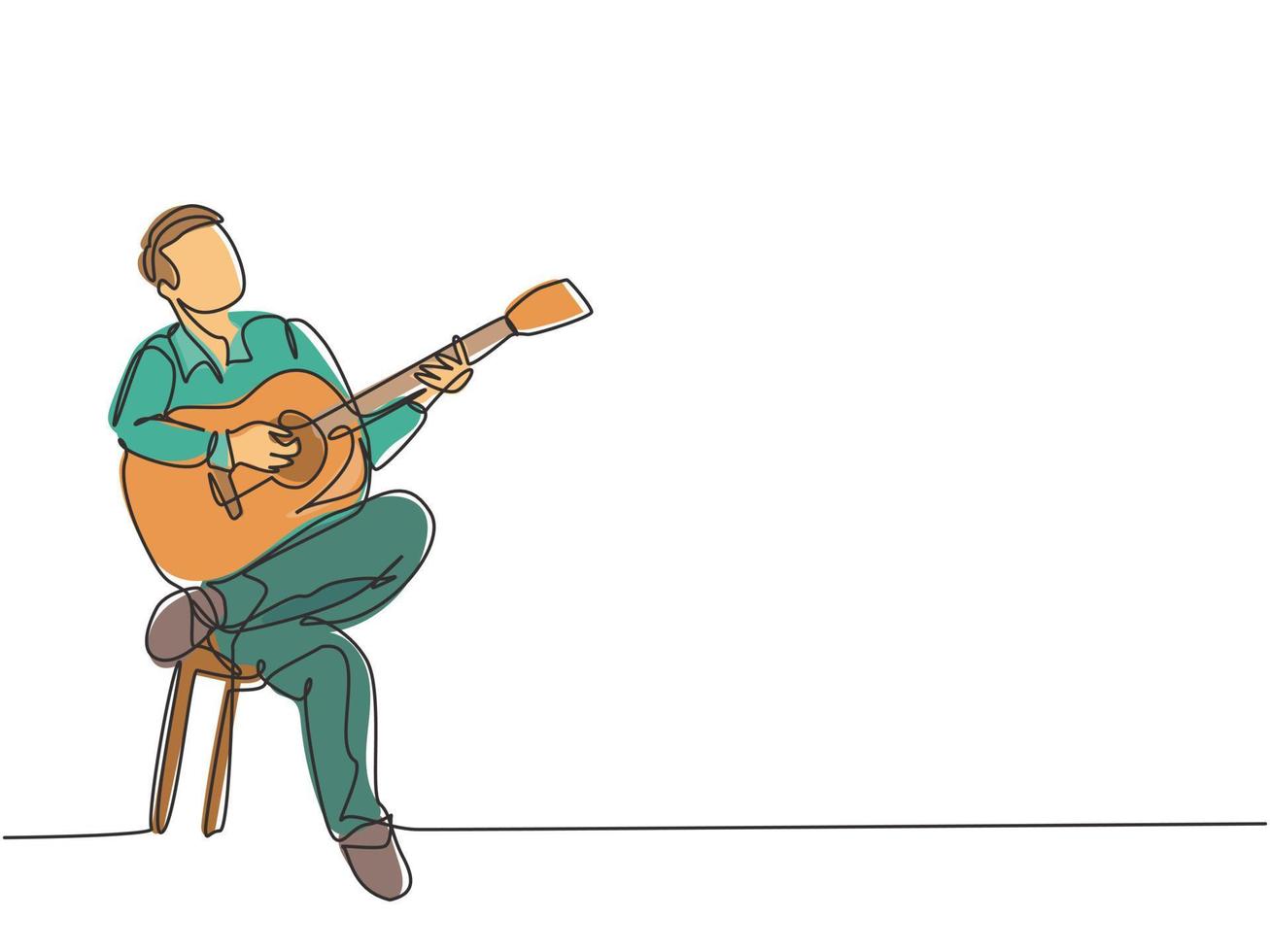 One single line drawing of young happy male guitarist playing acoustic guitar while sitting on chair. Modern musician artist performance concept continuous line draw design vector illustration graphic