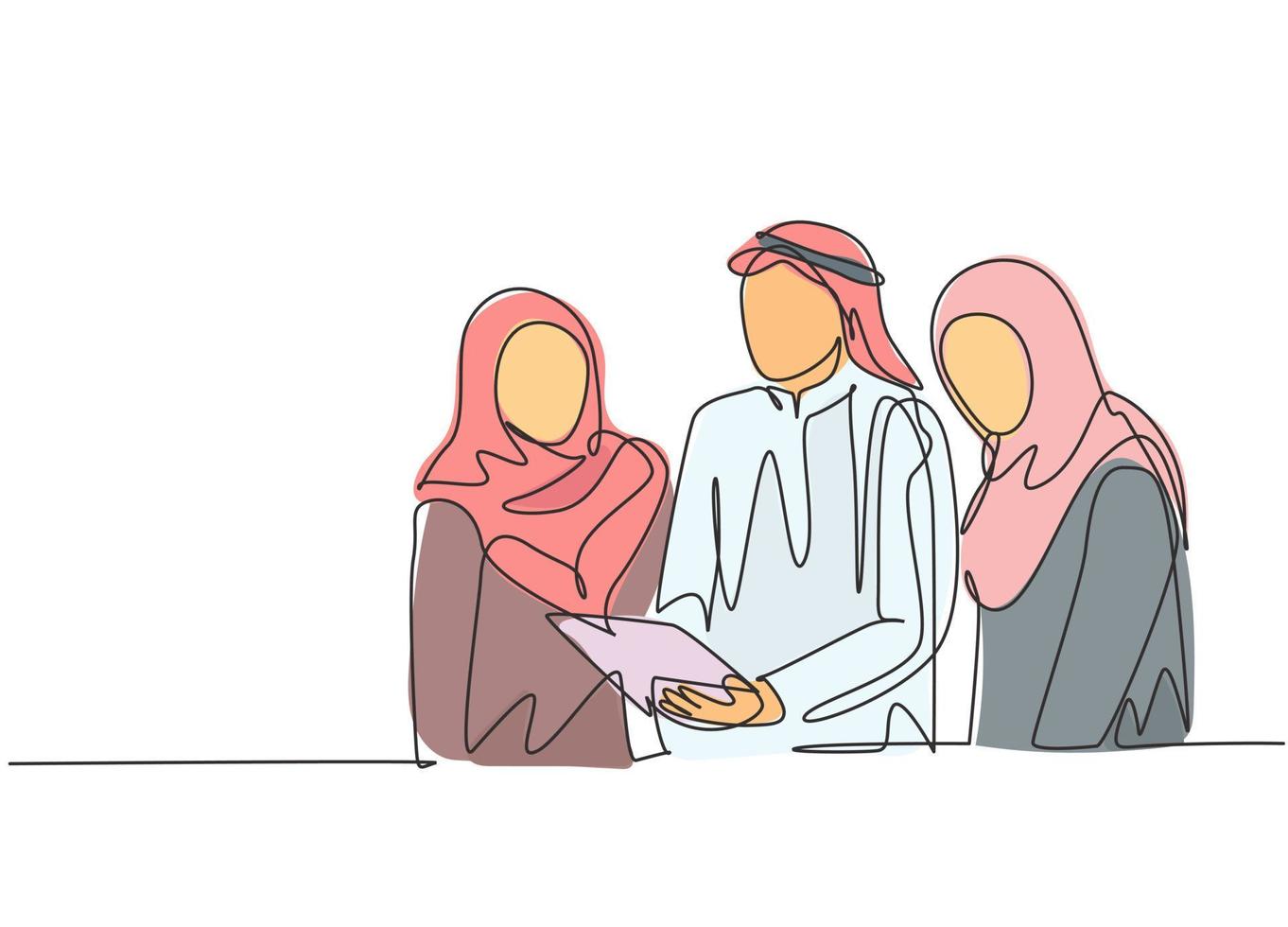 One single line drawing of young muslim marketing manager giving job direction to staffs. Saudi Arabia cloth shmag, kandora, headscarf, thobe, hijab. Continuous line draw design vector illustration