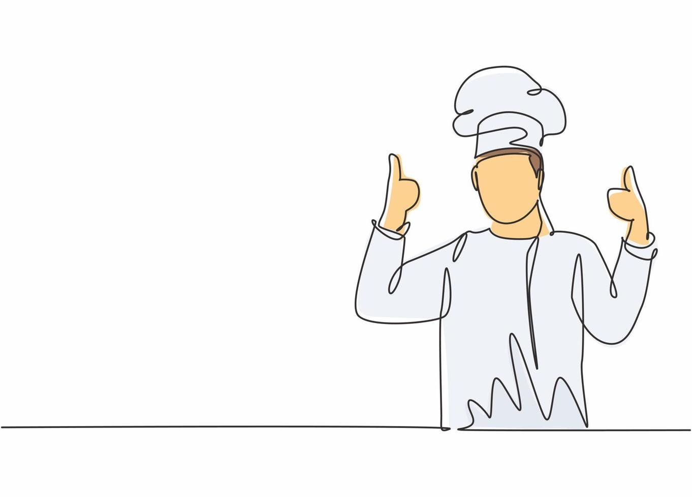 dibujo continuo de una línea del joven chef masculino guapo feliz dando pulgares arriba gesto. Excelente sabor de la comida en el concepto de restaurante del hotel, dibujo de una sola línea, diseño gráfico, ilustración vectorial vector