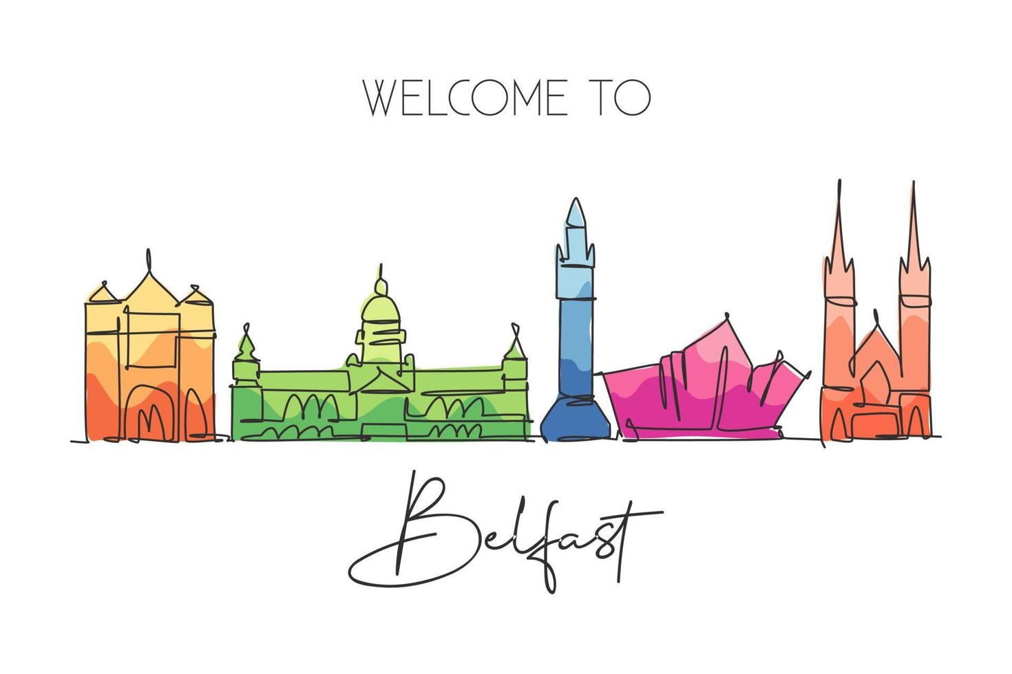 One single line drawing of Belfast city skyline, Northern Ireland. Historical landscape in the world. Best holiday destination. Editable stroke trendy continuous line draw design vector illustration