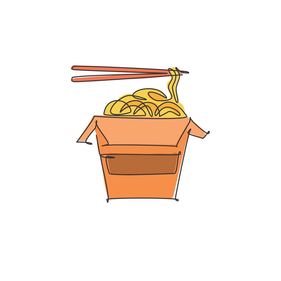 un dibujo de línea continua de deliciosos fideos picantes japoneses frescos en el emblema del logotipo del restaurante de caja. concepto de plantilla de logotipo de tienda de café de comida rápida. ilustración de vector de diseño de dibujo de línea única moderna