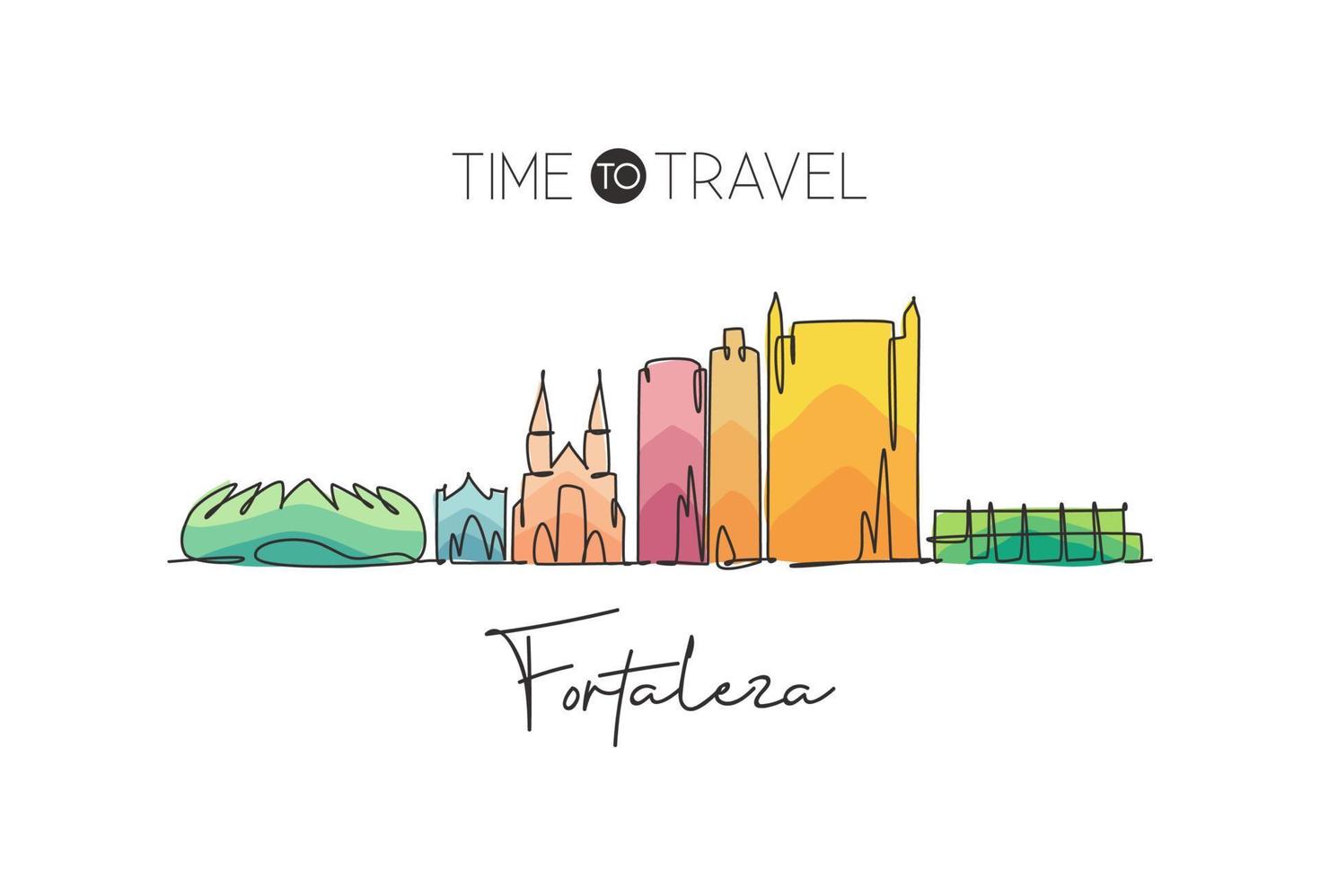 One single line drawing Fortaleza city skyline, Brazil. World historical town landscape postcard. Best holiday place destination. Editable stroke trendy continuous line draw design vector illustration