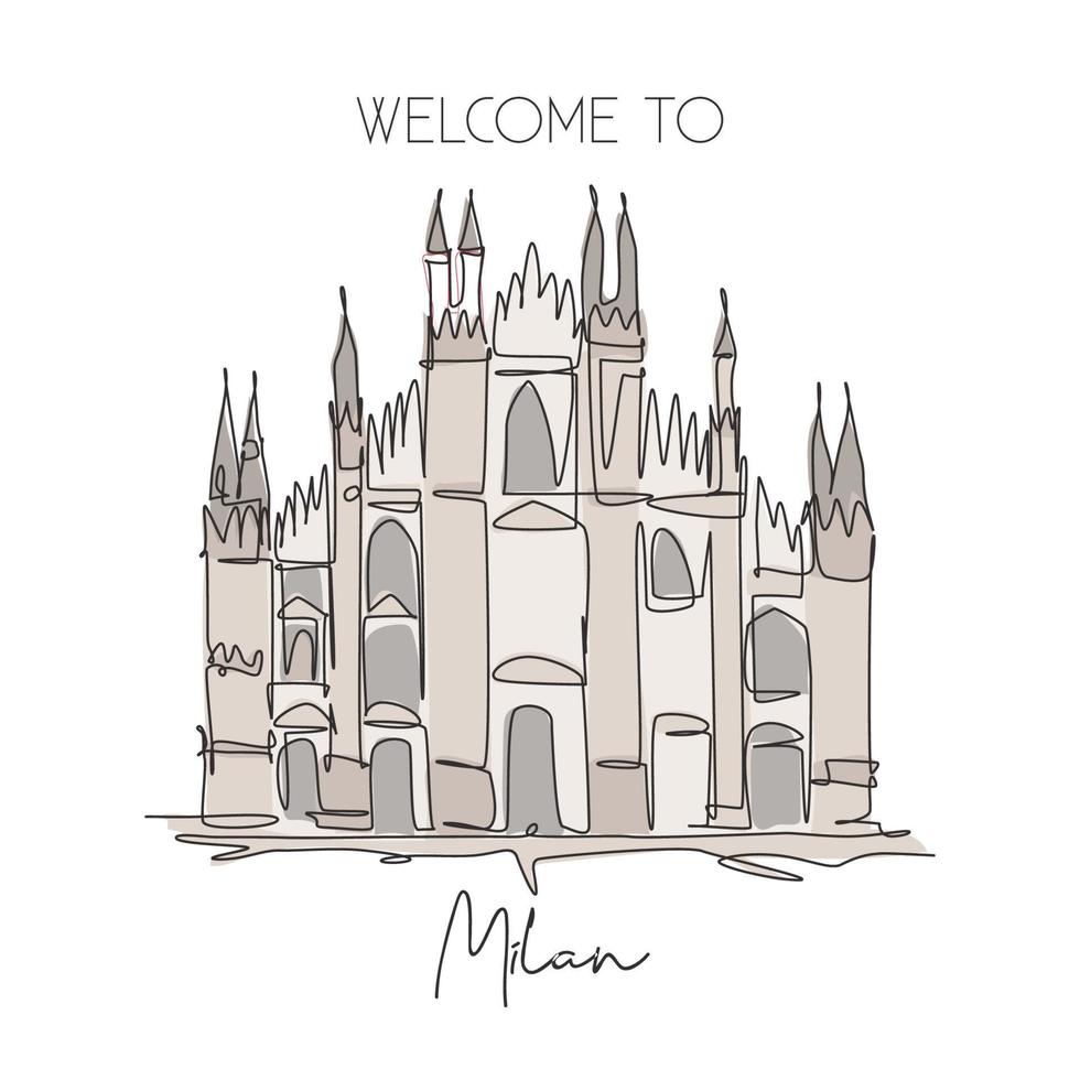 One single line drawing Duomo di Milano landmark. World famous place in Milan, Italy. Tourism travel postcard home wall decor poster concept. Modern continuous line draw design vector illustrationa