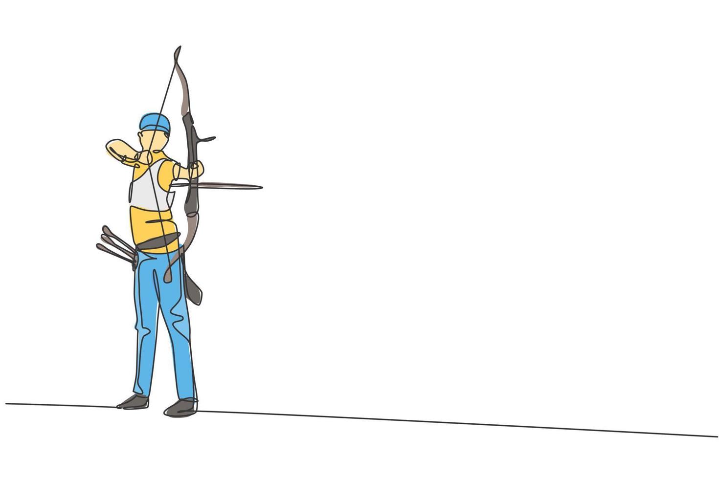 One continuous line drawing of young archer man pulling bow to shooting an archery target. Archery sport training and exercising concept. Dynamic single line draw design vector illustration graphic