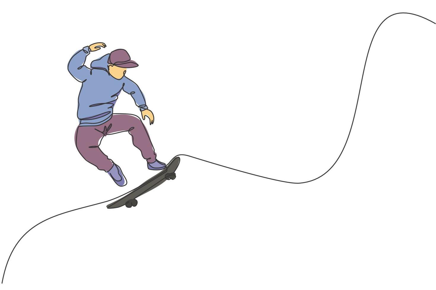 un dibujo de una sola línea de un joven patinador genial montando patineta y saltando en la ilustración del vector de la calle de la ciudad. estilo de vida adolescente y concepto de deporte al aire libre. diseño moderno de dibujo de línea continua