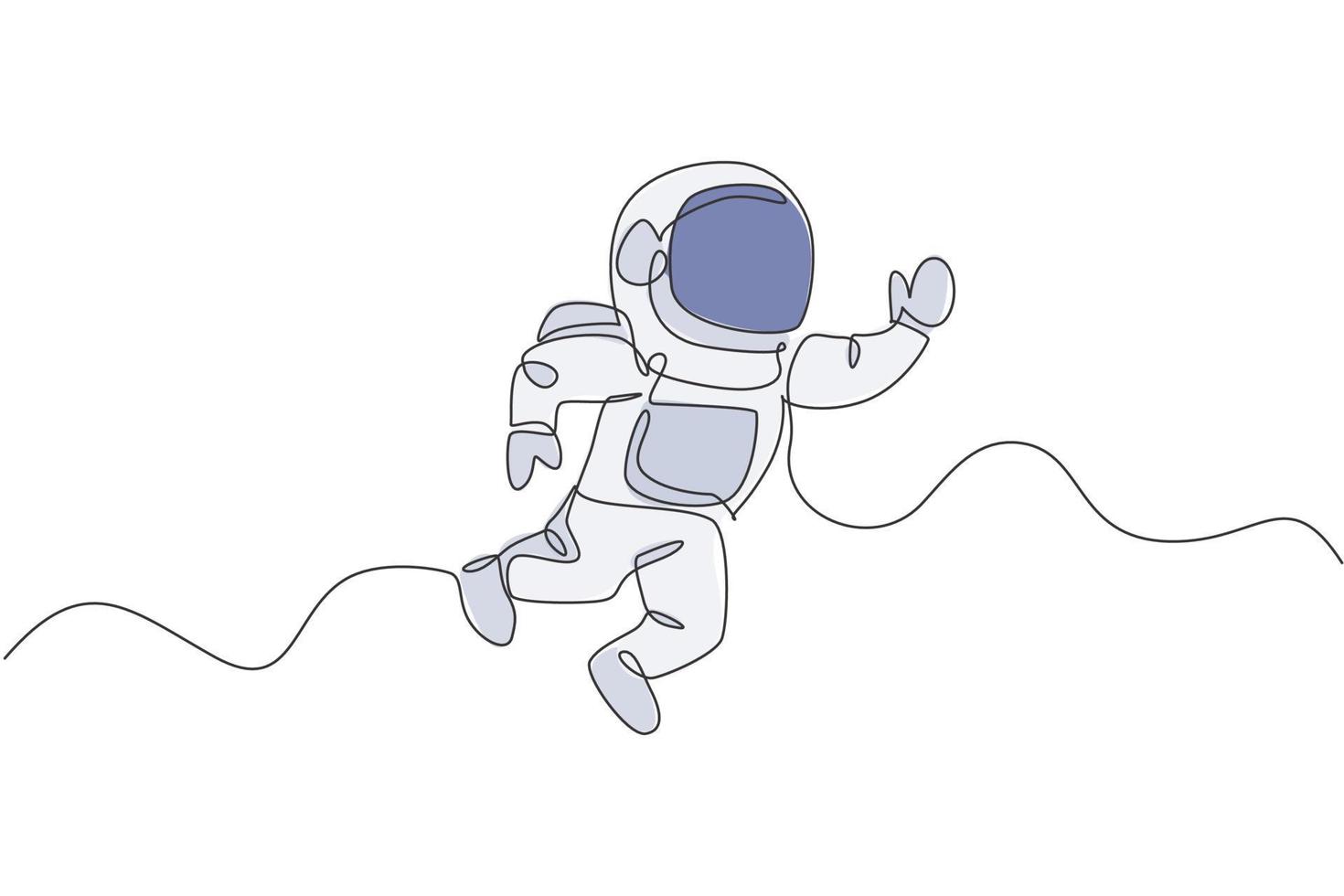 One continuous line drawing of young astronaut scientist exploring outer space in retro style. Spaceman cosmos discovery concept. Dynamic single line draw design vector graphic illustration