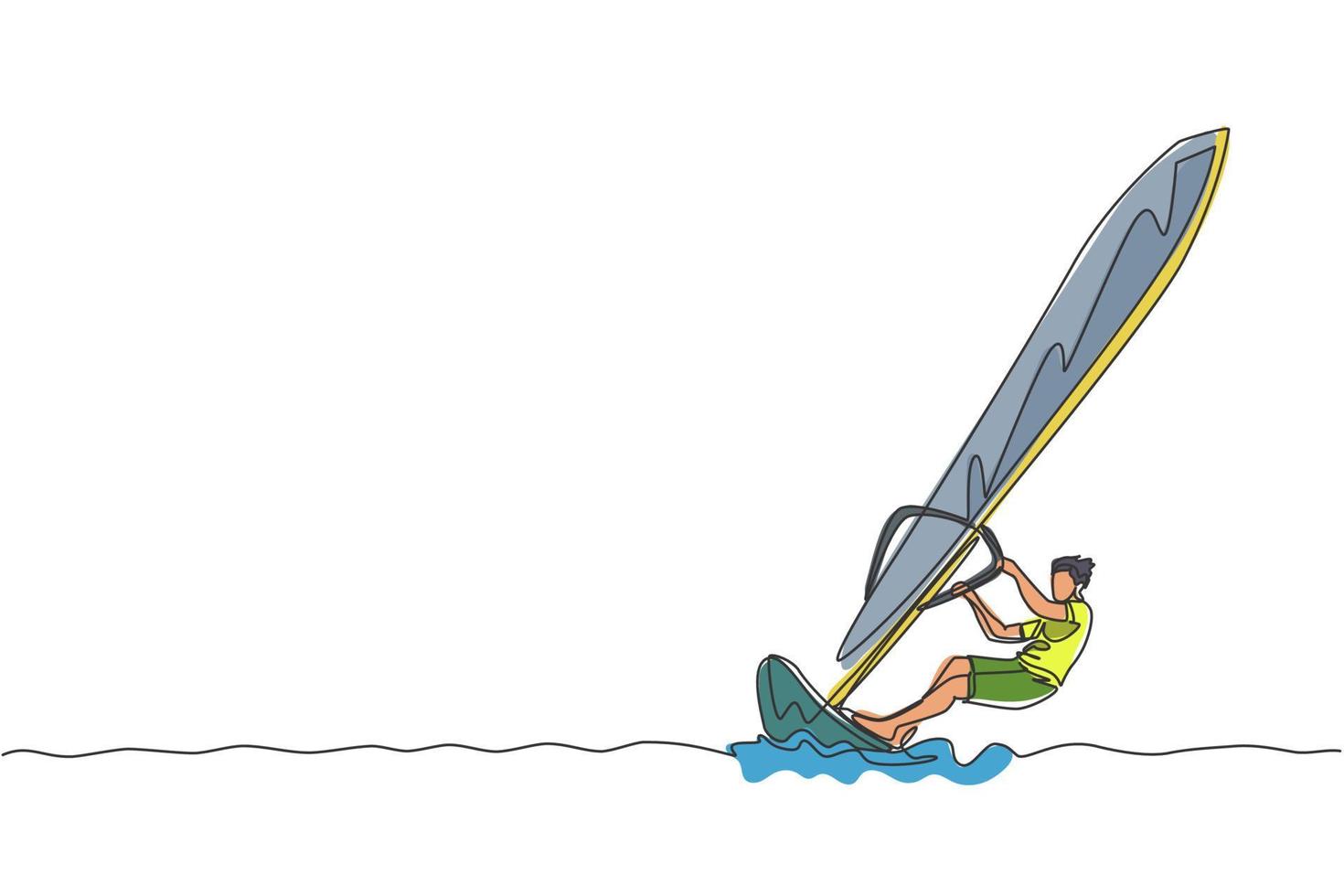 un dibujo de línea continua de un joven enérgico que se divierte jugando al windsurf en el océano. concepto de deporte de estilo de vida saludable. felices vacaciones turísticas. Ilustración de vector de diseño de dibujo de línea única dinámica