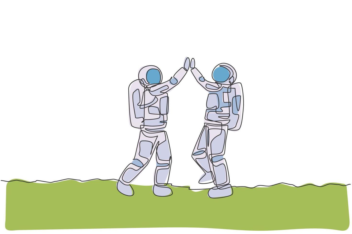 Single continuous line drawing of two young astronauts giving high five gesture to celebrate a success in moon surface. Space man cosmic galaxy concept. Trendy one line draw design vector illustration