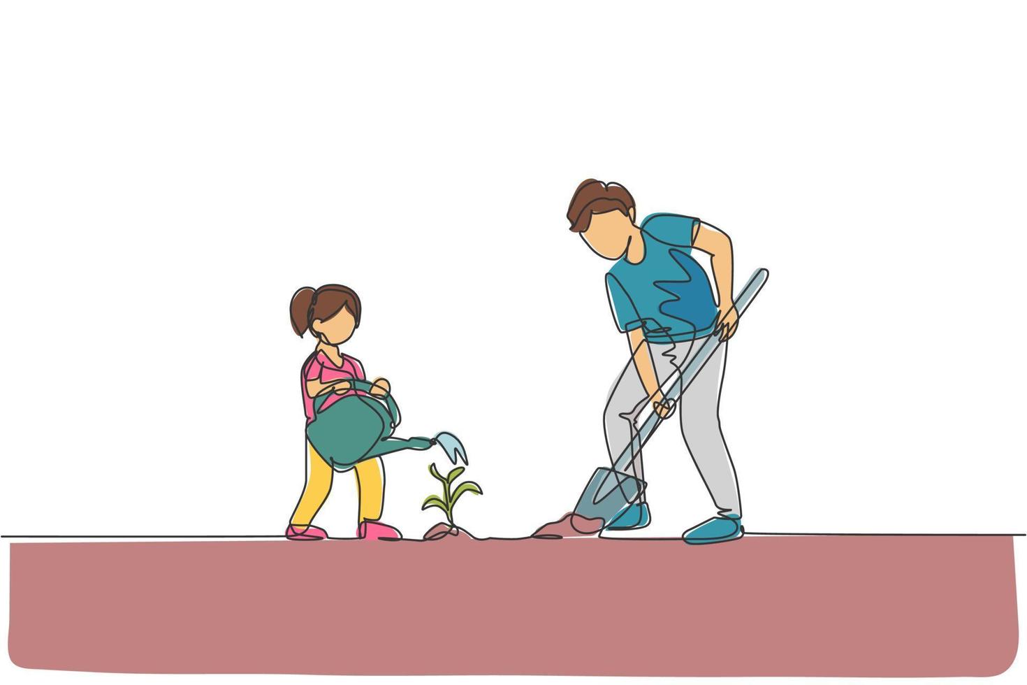 One single line drawing young father digging ground using shovel and daughter watering a plant at home garden vector illustration. Happy parenting learning concept. Continuous line graphic draw design