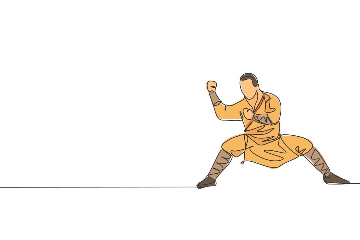 Single continuous line drawing young muscular shaolin monk man train martial art at shaolin temple. Traditional Chinese kung fu fight concept. Trendy one line draw graphic design vector illustration