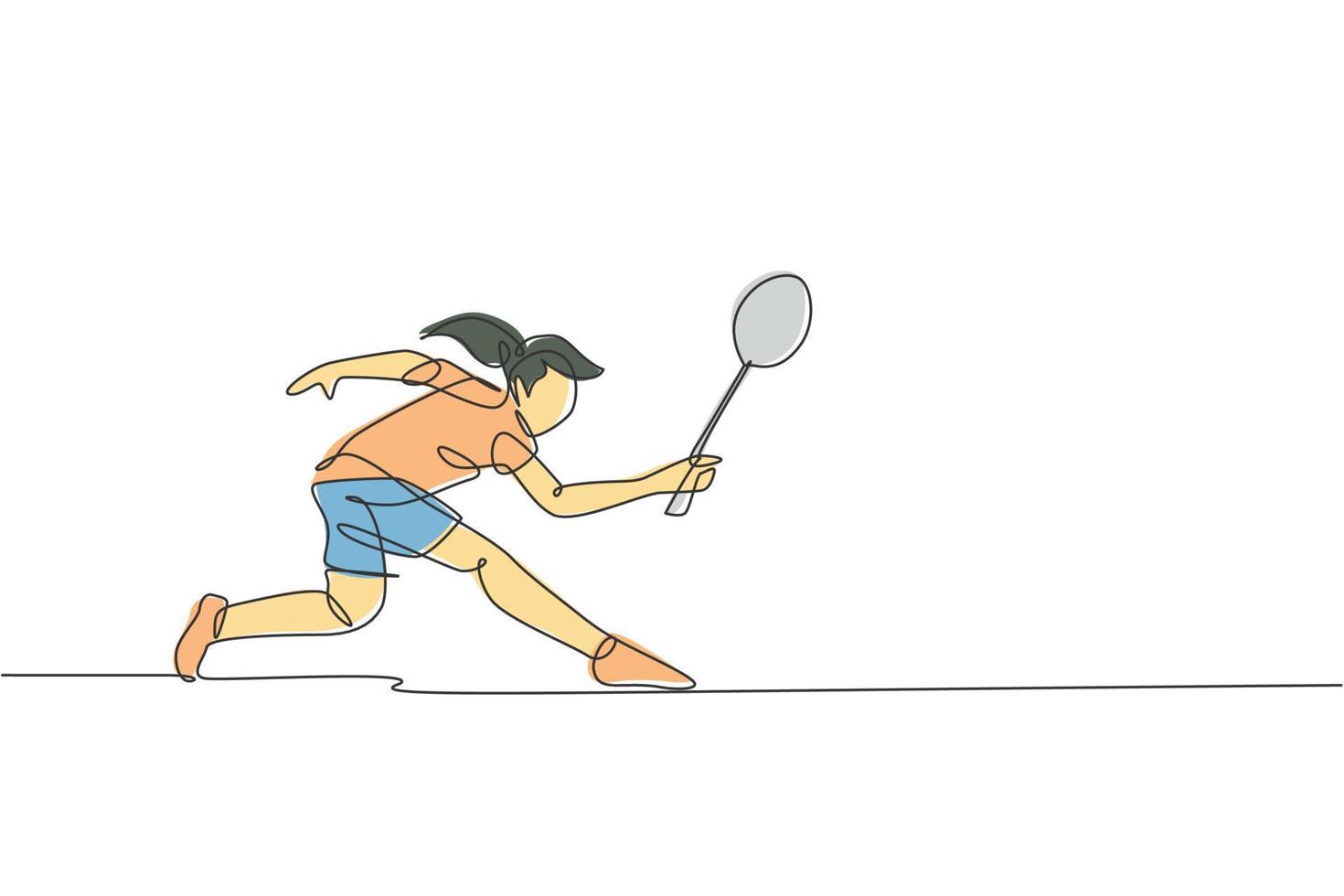 One single line drawing of young energetic badminton player defense from opponent's jumping smash vector illustration. Sport concept. Modern continuous line draw design for badminton tournament poster