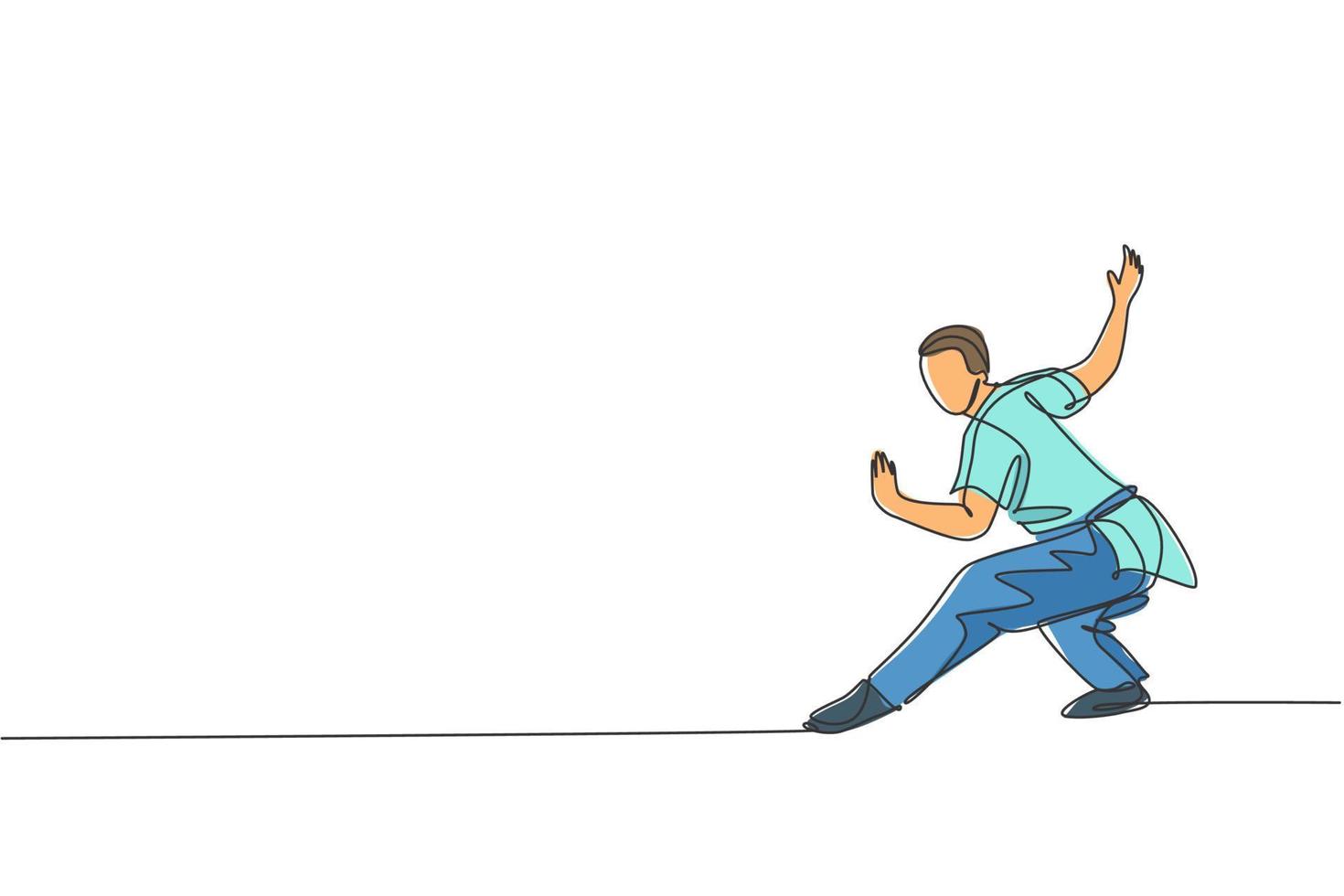 Single continuous line drawing young man wushu fighter, kung fu master in uniform training stance pose at dojo center. Fighting contest concept. Trendy one line draw design vector graphic illustration