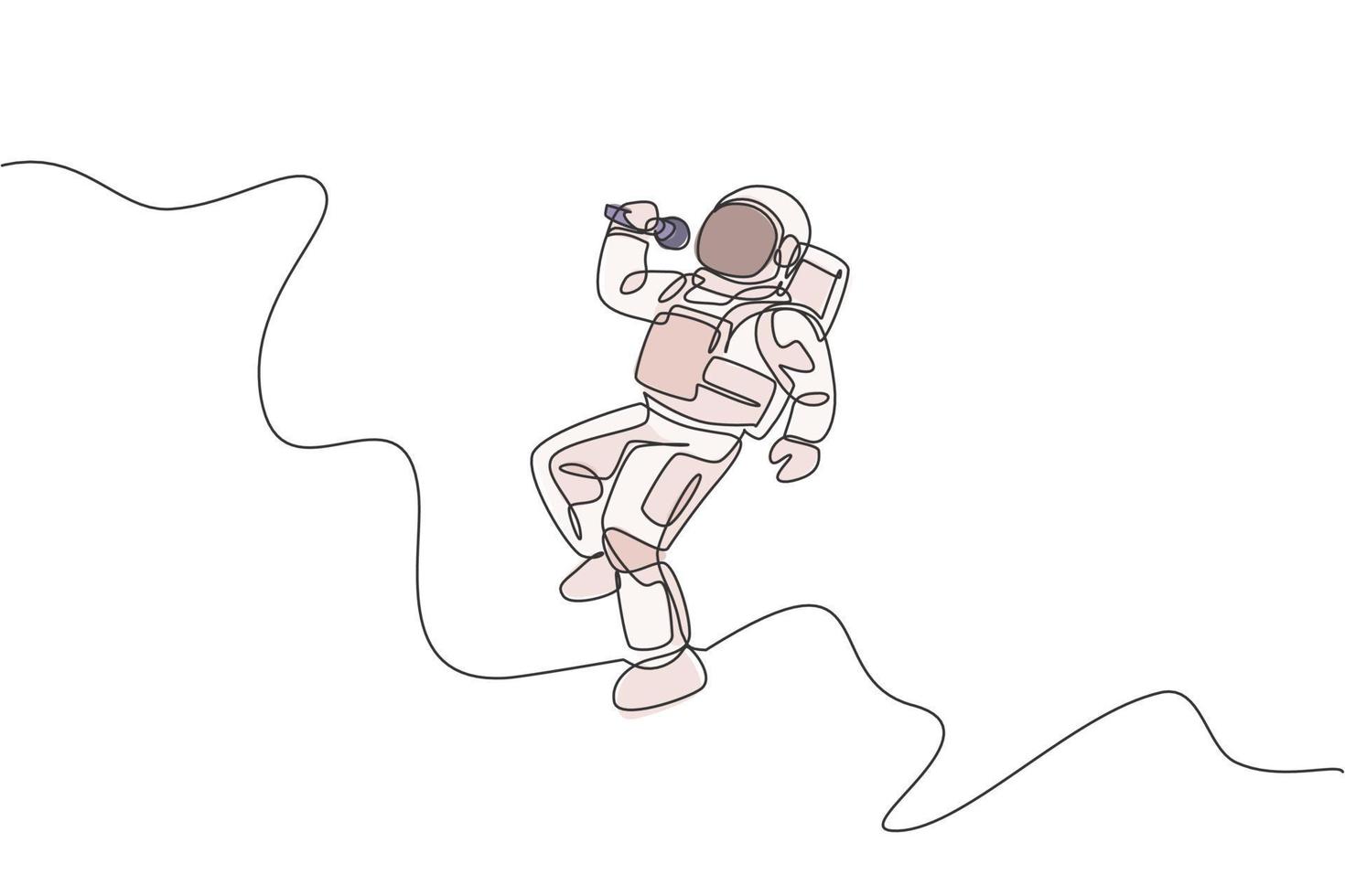 un dibujo de línea continua del cantante astronauta con traje espacial cantando una canción en el universo de la galaxia. Concierto de música del espacio exterior y concepto de orquesta. Ilustración de vector de diseño de dibujo de línea única dinámica
