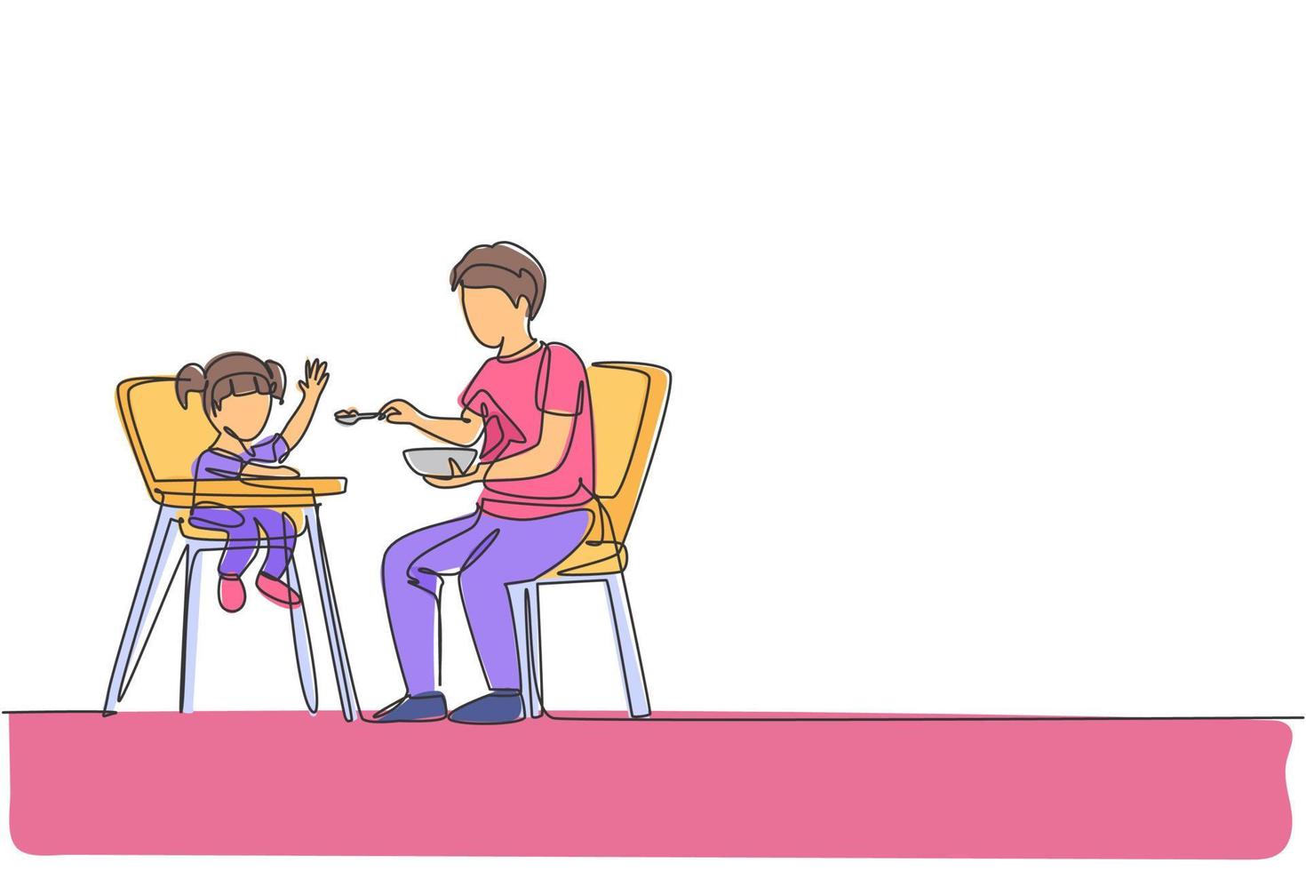 un dibujo de línea continua de un padre joven que alimenta a su hija con una comida que se sienta en una silla de comedor para bebés. concepto de paternidad familiar feliz. Gráfico dinámico del ejemplo del vector del diseño del sorteo de una sola línea
