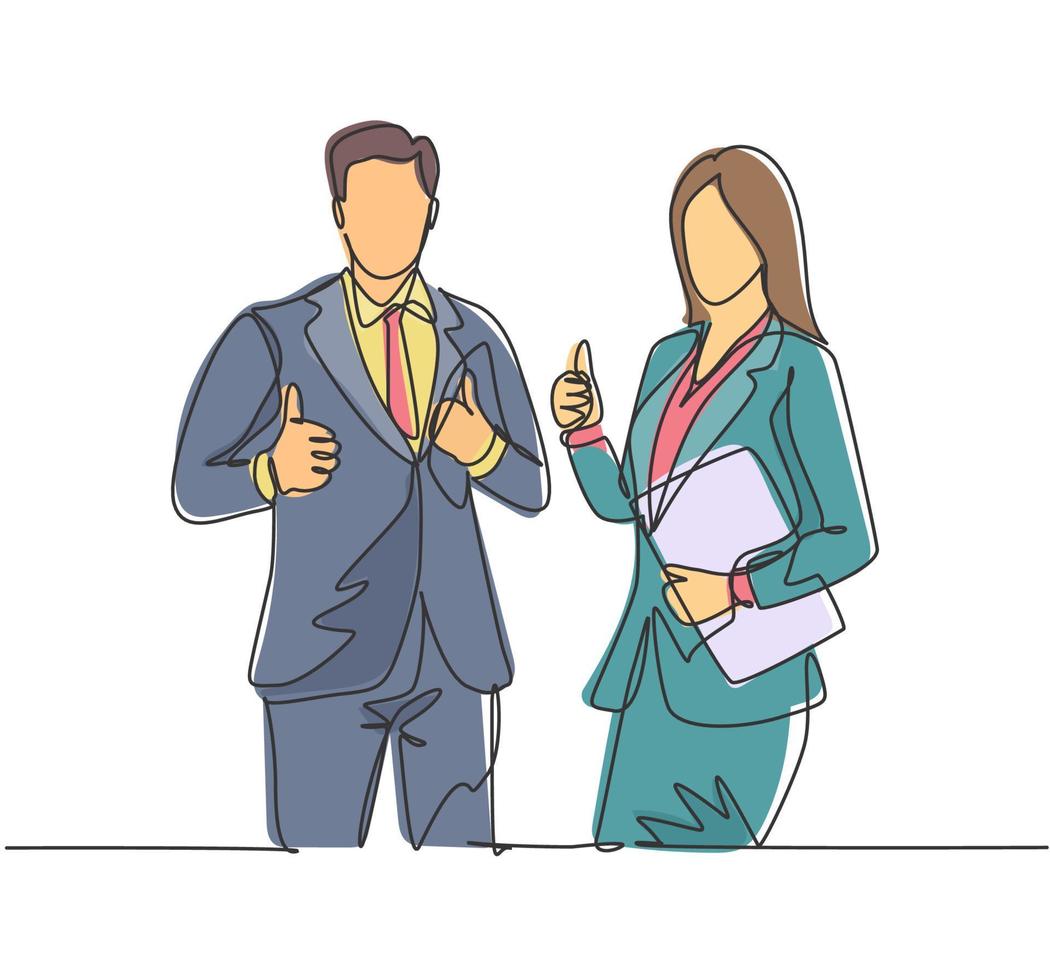 Single line drawing group of young happy couple businessman and businesswoman standing up together giving thumbs up gesture. Business teamwork concept. Continuous line draw design vector illustration