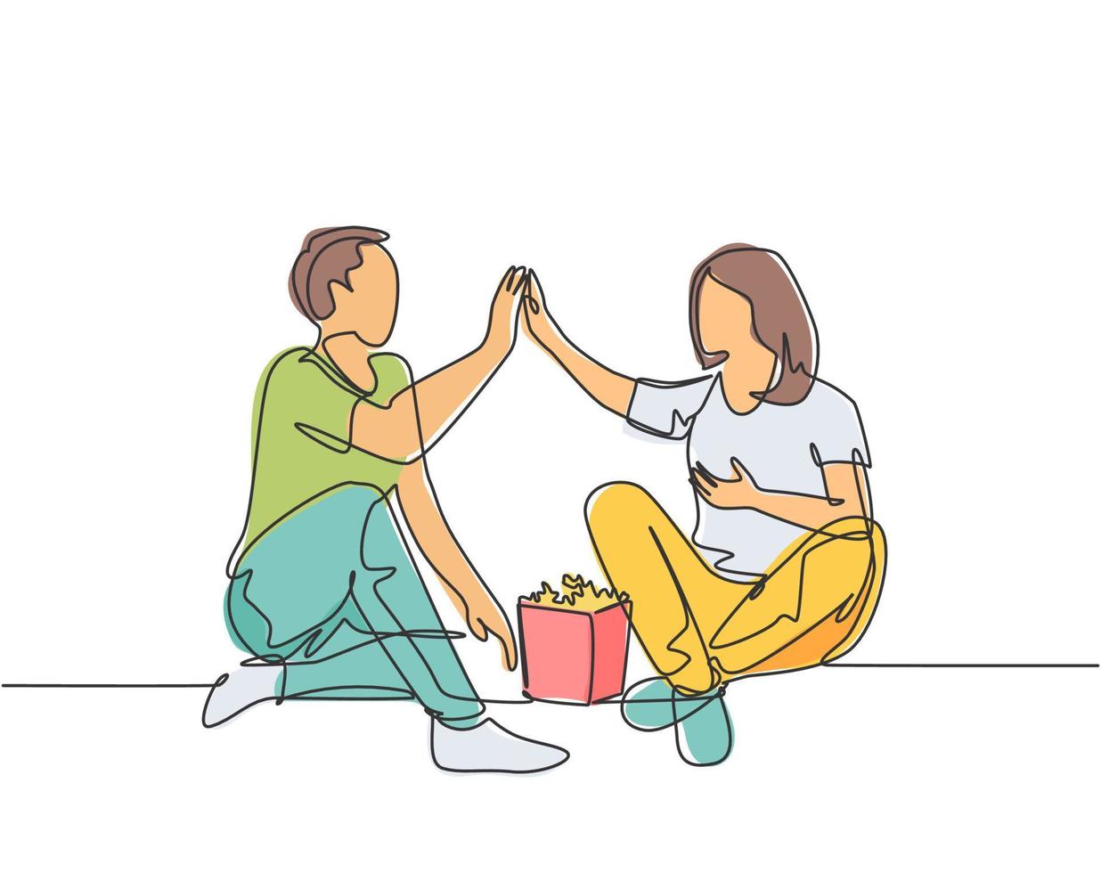 One line drawing of young happy couple male and female relaxing and spending time together eating popcorn. Romantic relationship concept. Continuous line draw graphic design vector illustration