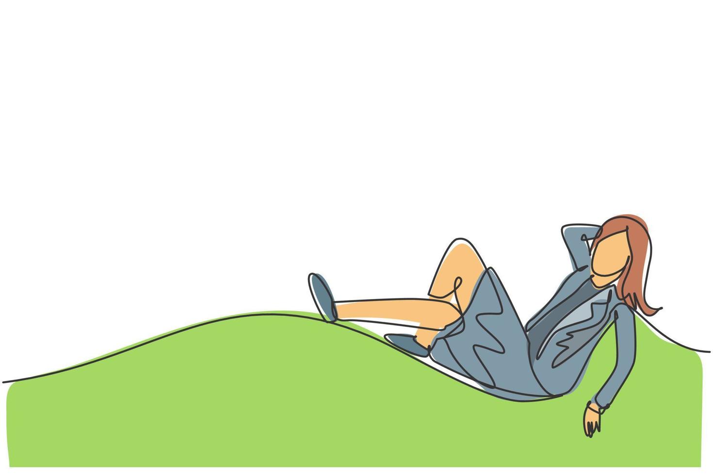 Continuous one line drawing young female investor sleeping relax at office to enjoy the life. Success business investment minimalist concept. Trendy single line draw design vector graphic illustration