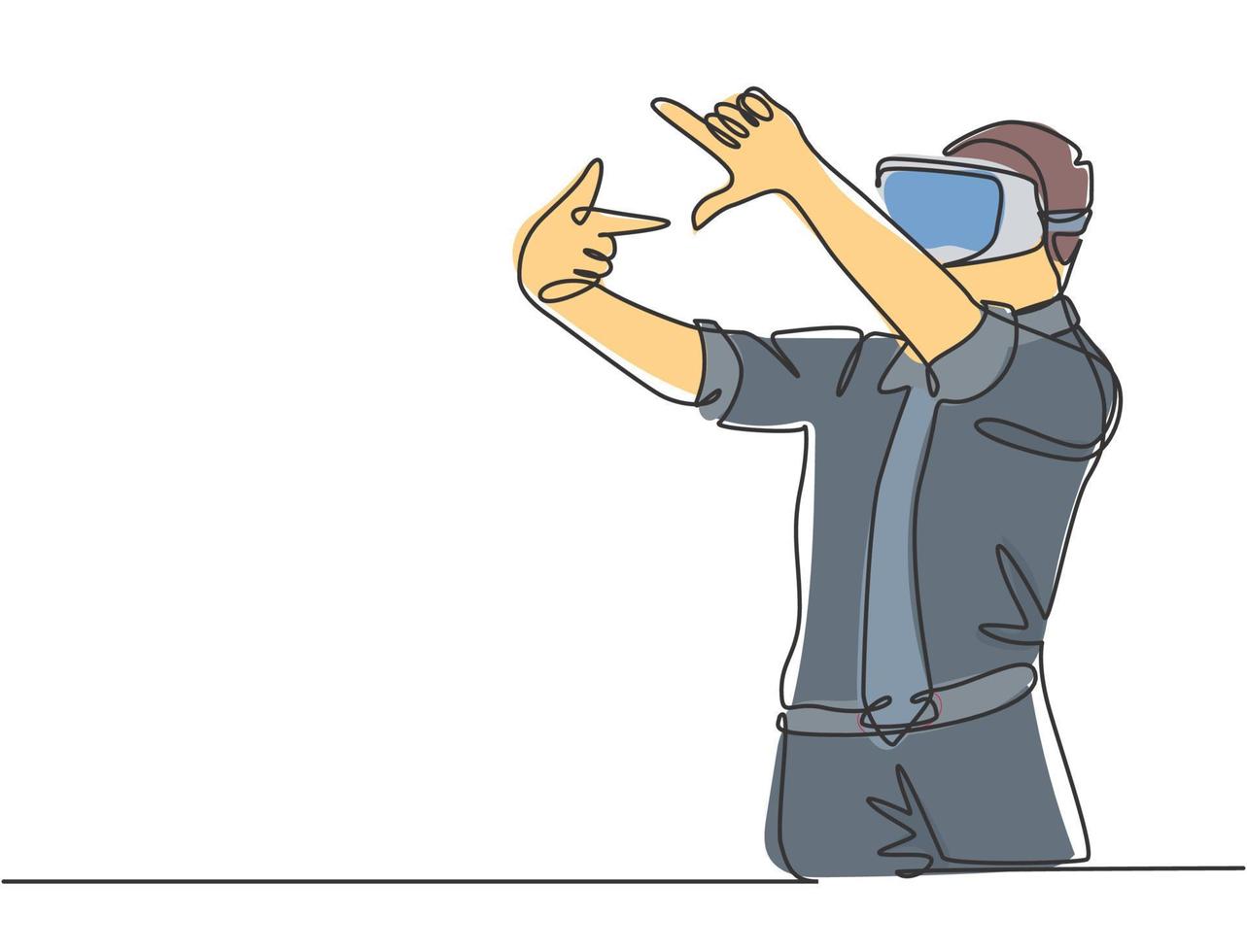 Single continuous line drawing of young male worker gesture forming square shape from his finger while playing augmented reality game. Virtual reality concept one line draw design vector illustration