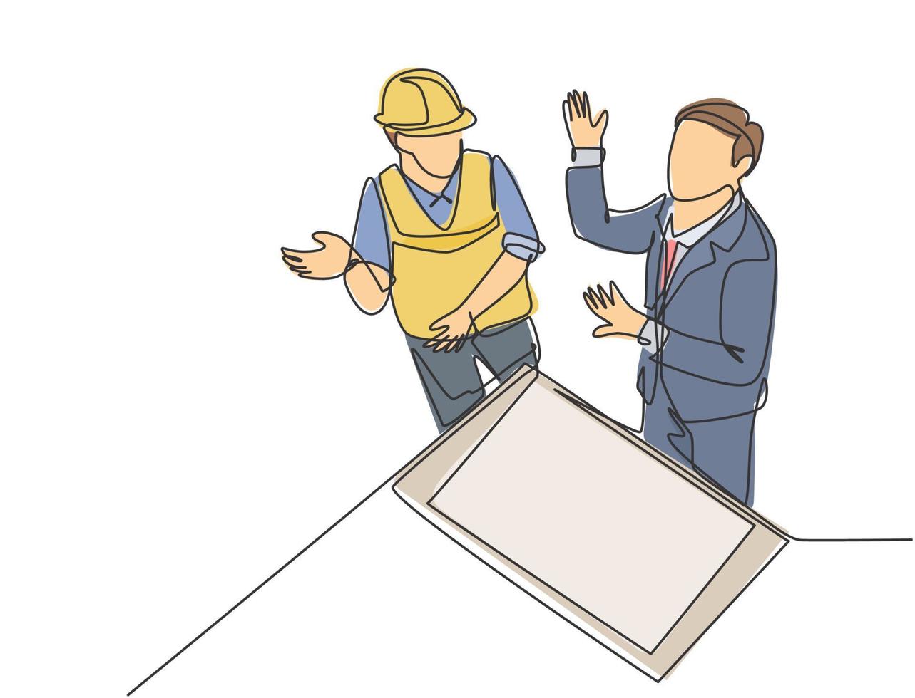 Single continuous line drawing of young architect and foreman discussing about blueprint building design. Construction planning talk concept. Modern one line draw design graphic vector illustration