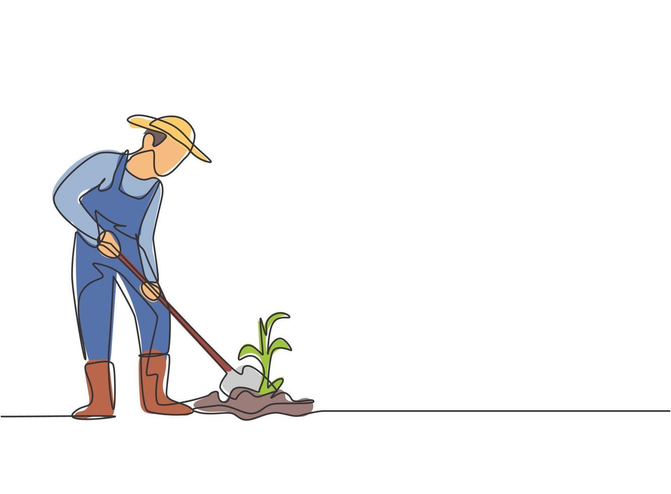 Continuous one line drawing young male farmer shoveled the soil with the plants using a shovel. Successful farming challenge minimalist concept. Single line draw design vector graphic illustration.