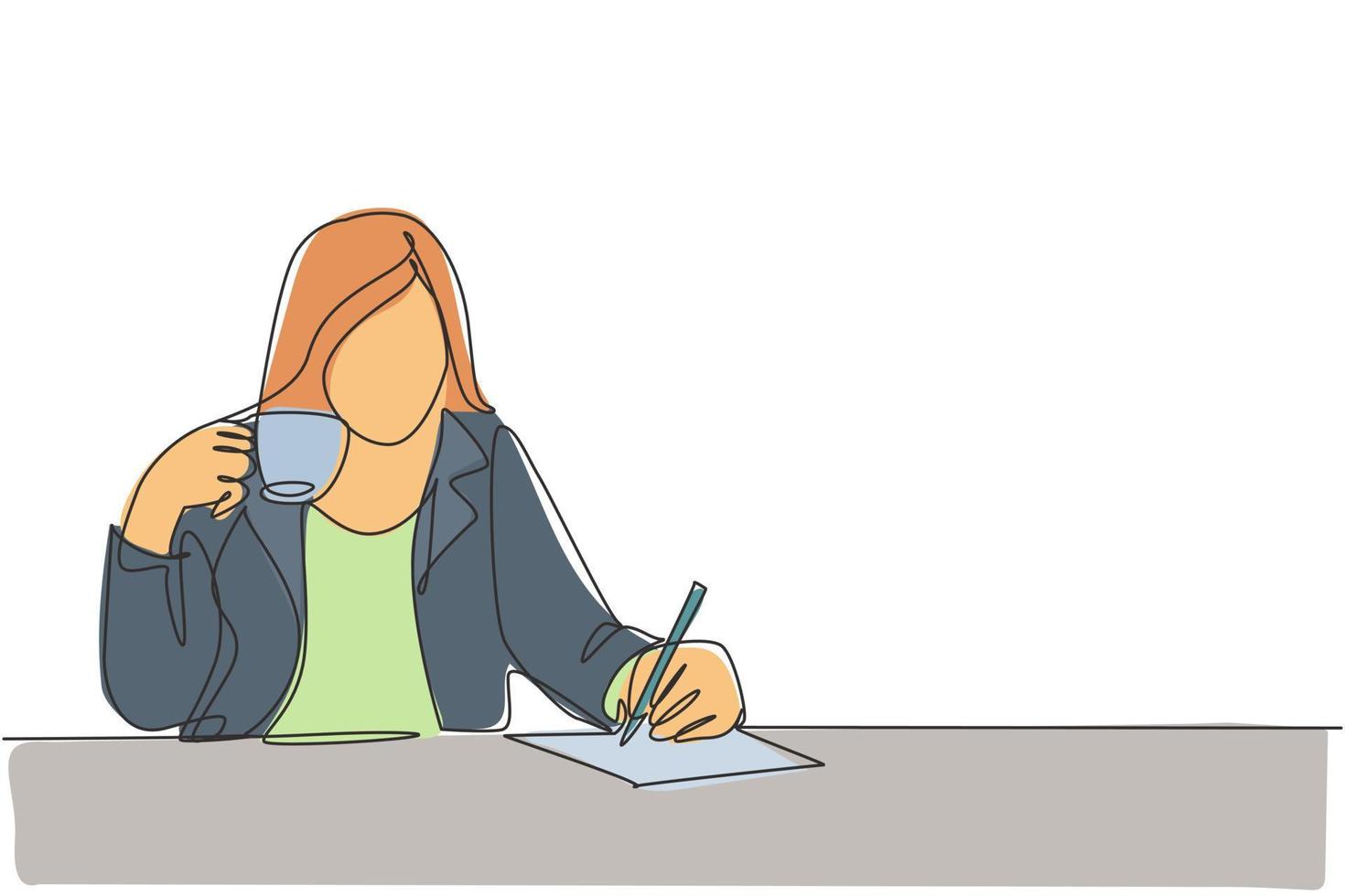 One single line drawing of young businesswoman writing a business idea draft while holding a cup coffee drink at office. Drinking tea concept continuous line draw design vector graphic illustration
