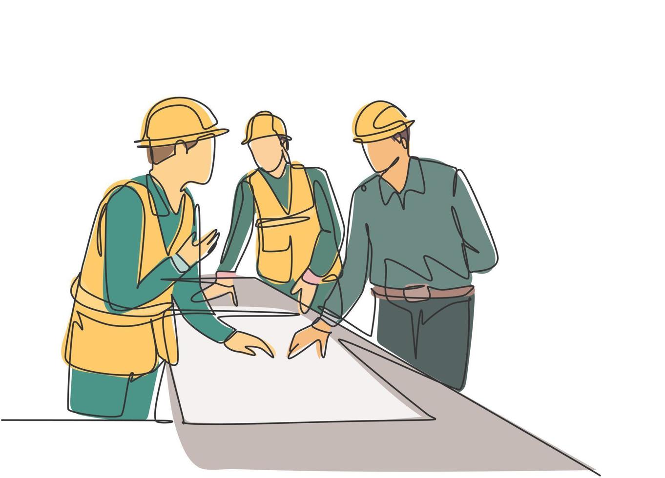 One continuous line drawing of young architects discussing construction design blueprint at office meeting. Building architecture business concept. Single line draw vector graphic design illustration