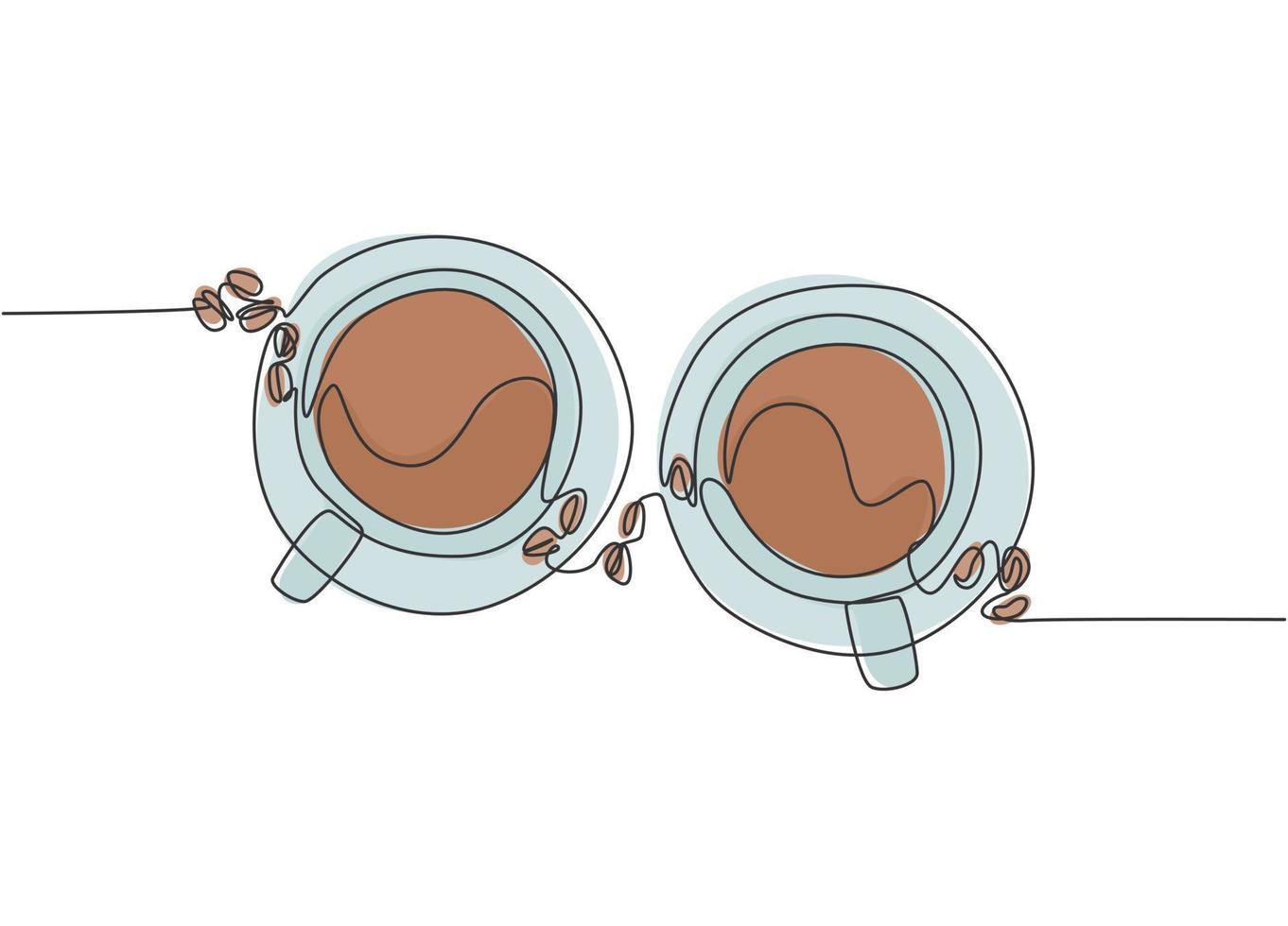 Single continuous line drawing of two cups of coffee with coffee beans and leaf from top view. Coffee drink concept display for coffee shop. One line draw design illustration vector