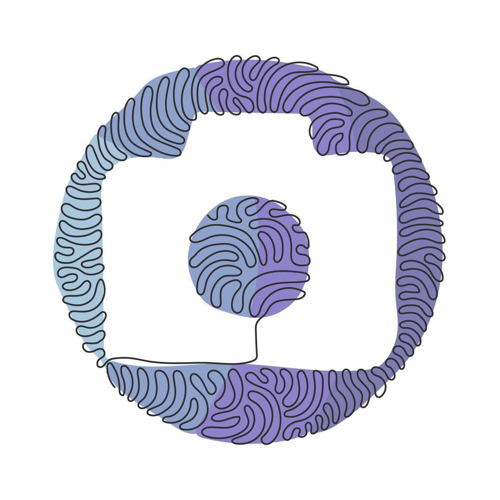 Single one line drawing camera linear icon, simple digital device flat design for app logo web website button ui ux interface. Swirl curl circle background style. Continuous line draw graphic vector