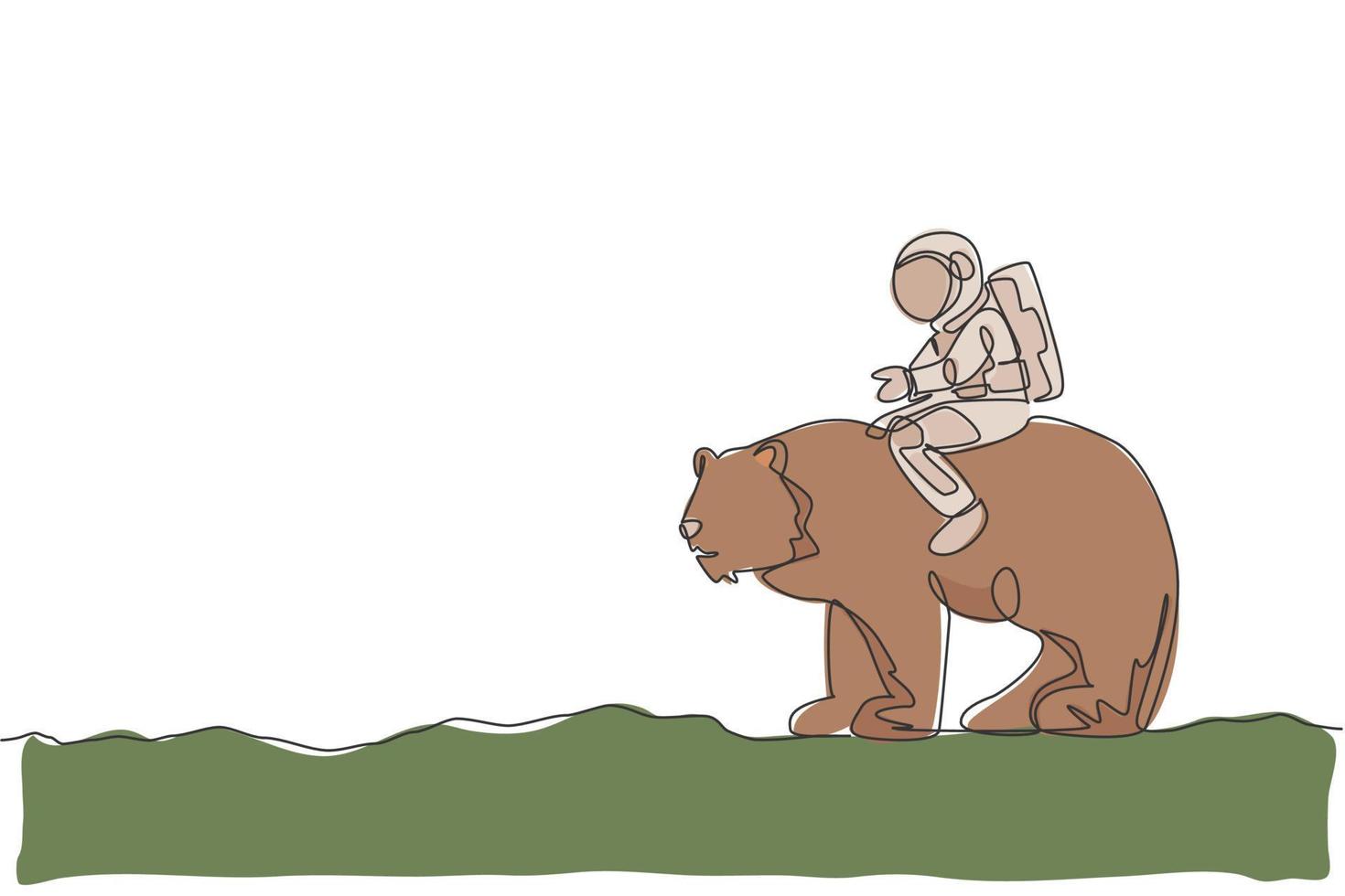 dibujo de una sola línea de astronauta montando oso, animal salvaje en la ilustración de vector gráfico de superficie lunar. concepto de viaje de safari de cosmonauta. diseño moderno de dibujo de línea continua