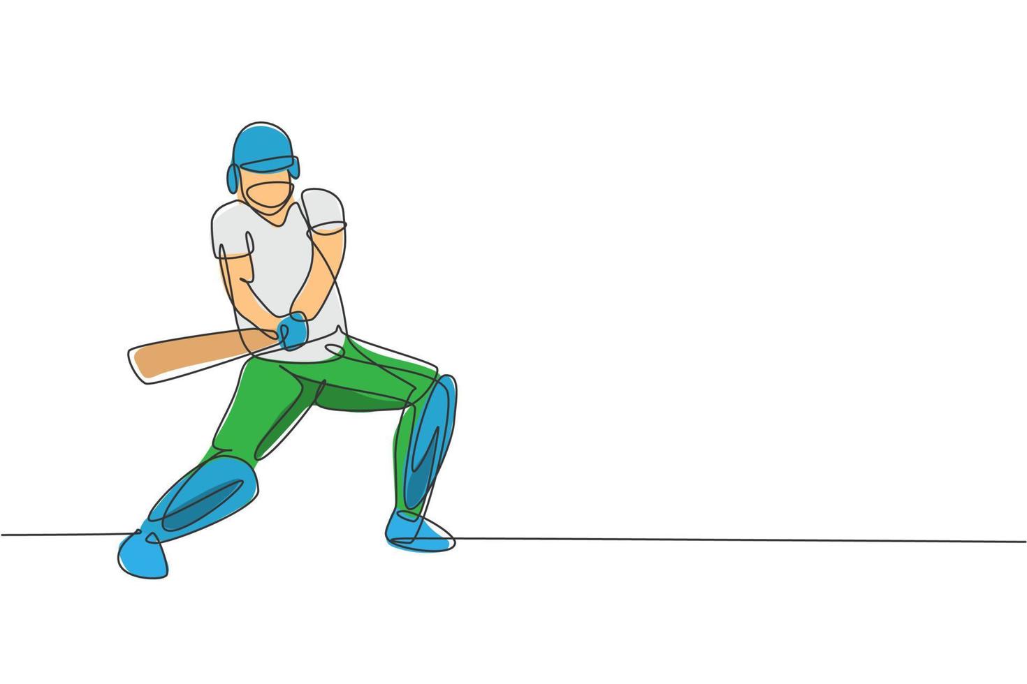 Single continuous line drawing of young agile man cricket player standing ready to hit the ball vector illustration. Sport exercise concept. Trendy one line draw design for cricket promotion media
