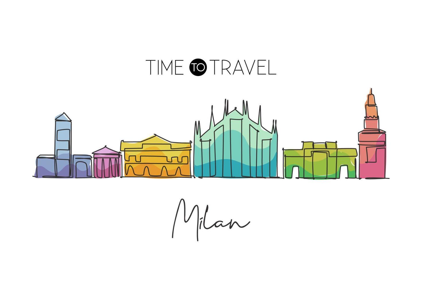 One continuous line drawing of Milan city skyline, Italy. Beautiful skyscraper. World landscape tourism travel vacation wall decor poster concept. Stylish single line draw design vector illustration