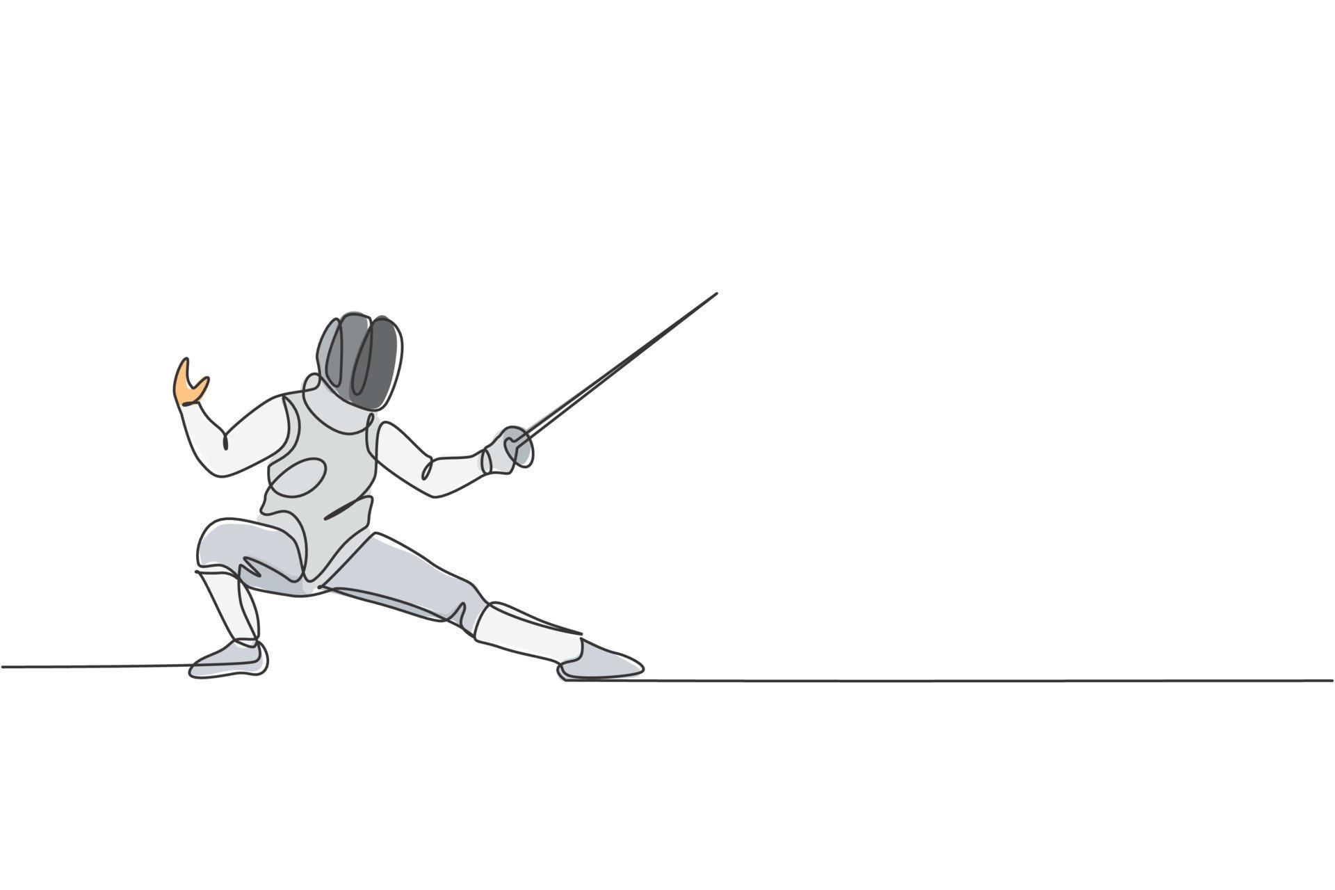 One continuous line drawing of young man fencing athlete practice