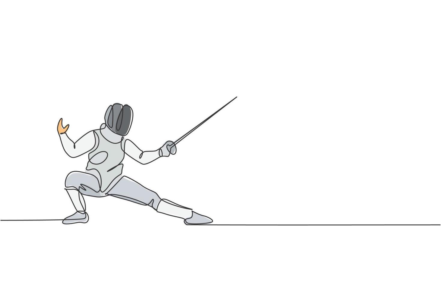 One continuous line drawing of young man fencing athlete practice fighting on professional sport arena. Fencing costume and holding sword concept. Dynamic single line draw design vector illustration