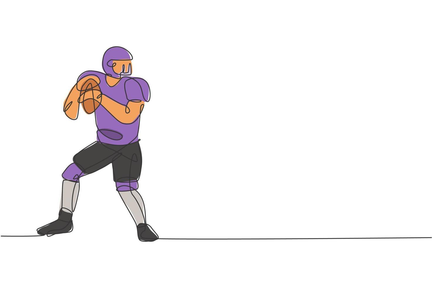 un dibujo de línea continua de un joven jugador de fútbol americano feliz sostenido y listo para pasar el balón para el afiche de la competencia. concepto de trabajo en equipo deportivo. Ilustración de vector de diseño de dibujo de línea única dinámica