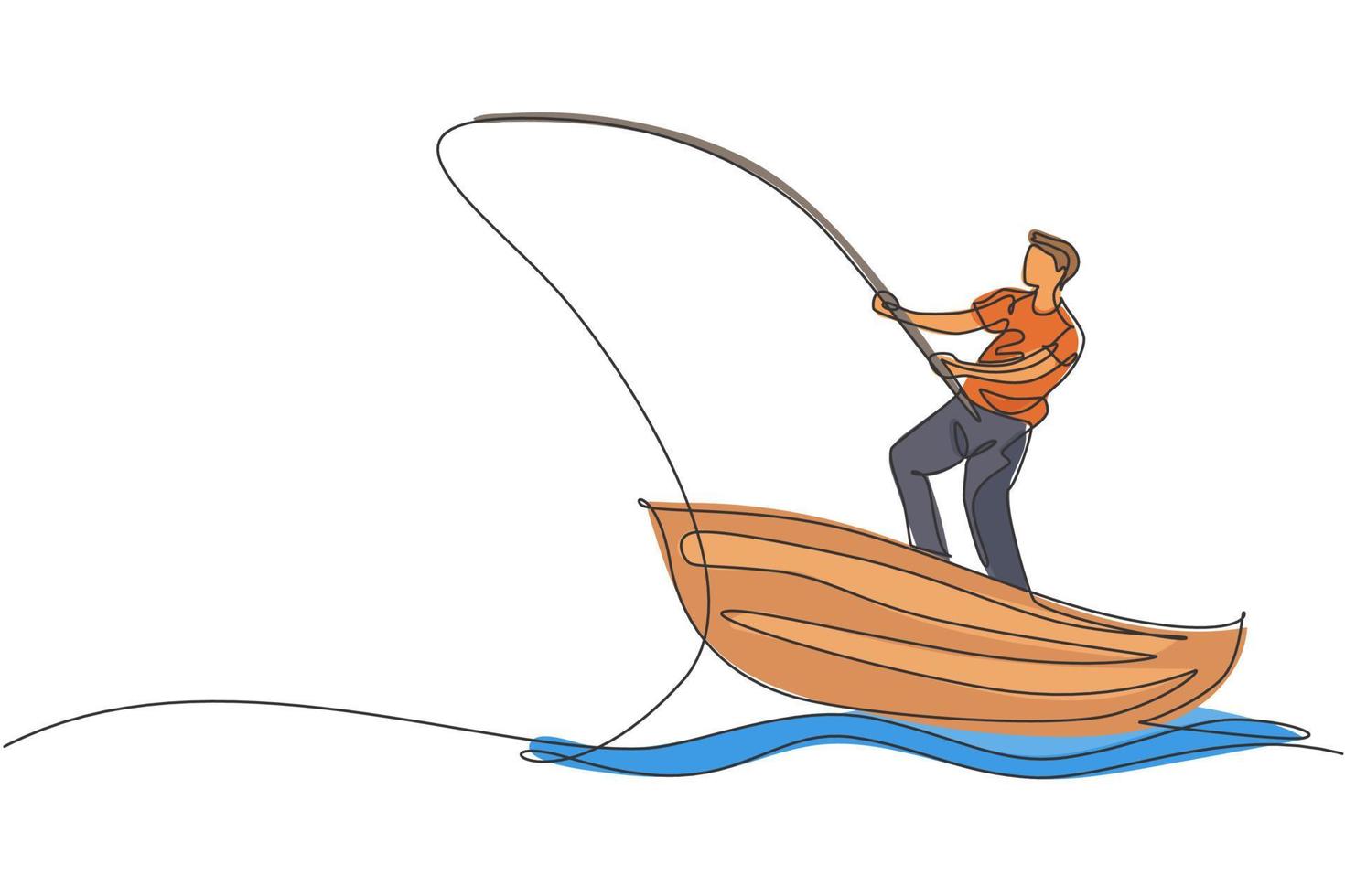 un dibujo de línea continua de un joven pescador feliz de pie y pescando en el lago desde el bote de madera. concepto de vacaciones de hobby de ocio de pesca. Ilustración de vector de diseño de dibujo de línea única dinámica