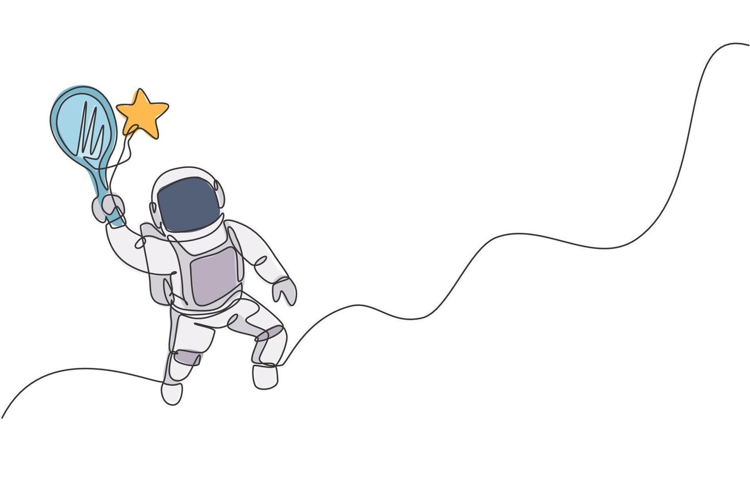 Single continuous line drawing of floating science astronaut in spacewalk hitting star using racket. Fantasy deep space exploration, fiction concept. Trendy one line draw design vector illustration